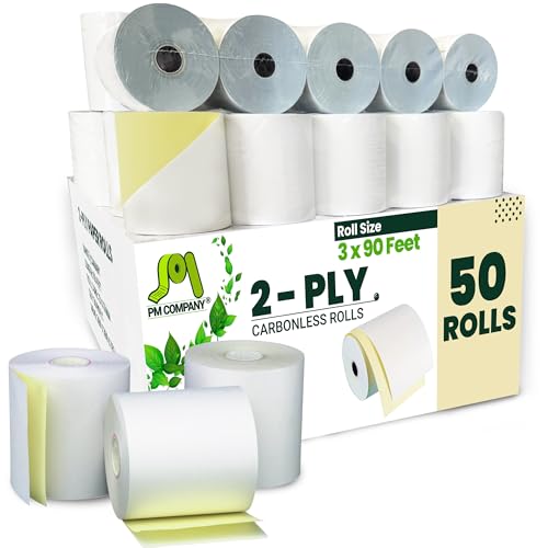 PM Company 2 Ply POS/Cash Register Rolls, 3 Inches X 90 Feet, White/Canary, 50 per Carton (07706)