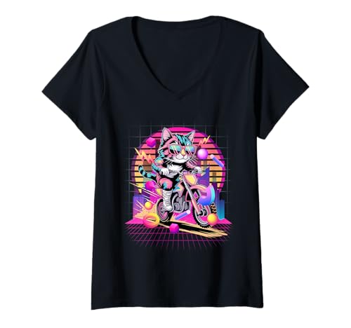 Mujer Bicicleta Synthwave Cat Riding Dirt Bike de los 80, Estilo Retro Vaporwave Camiseta Cuello V