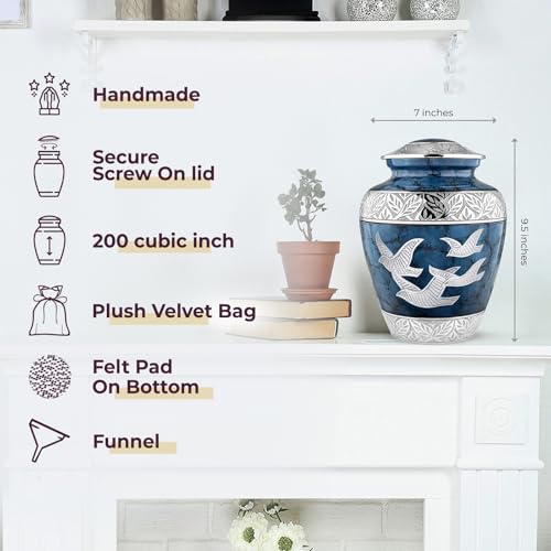 Image of Trupoint Memorials Cremation Urns for Human Ashes for Male or Female, Funeral Memorial Urns for Men & Women, Blue Birds, Adult (200LB)