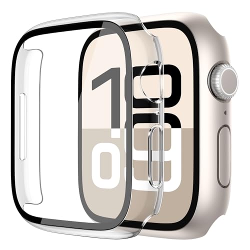 Image of Misxi 2 Pack Tempered Glass Case Compatible for Apple Watch Series 11 (2025) Series 10 42mm, Hard PC Screen Protector Overall Protection Scratch-Resistant Cover for iWatch, 1 Starlight + 1 Transparent