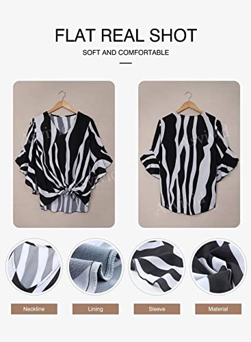 Asvivid Womens Striped Printed V Neck Tops Fall Flared Long Bell Sleeve Blouses Casual Tie Knot Ladies T-Shirt Xl Black #TOP4