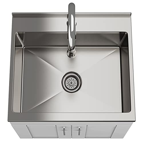 Image of SIMPLIHOME Modern Wide Shaker 24 inch Wide Stainless Steel Sink Laundry Cabinet | Transitional laundry cabinet with a high-arch chrome faucet for laundry rooms; Modern Wide Shaker utility sink or wash tub.