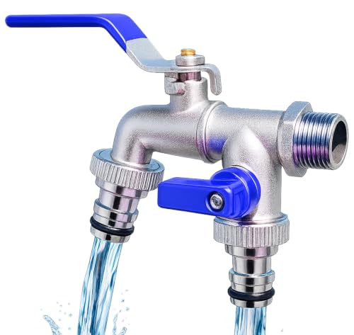 Image of PANCA 1 /2 Inch Dual Outlet Garden Faucet Splitter | Heavy Duty Double Valve Water Tap with Individual Flow Control | Zinc Alloy Bib Cock Connector for Garden, Kitchen & Bathroom (Red) (Blue)