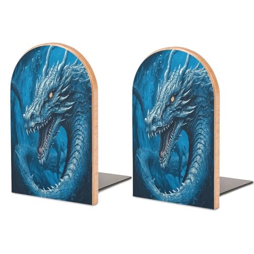 Sujetalibros de madera Dragon Cool Blue resistentes para estantes 2