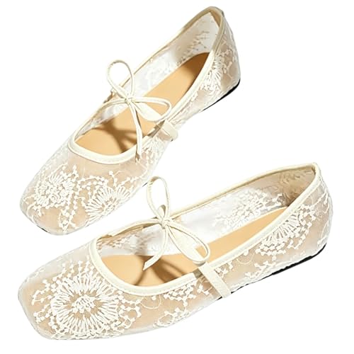 Embroidered Lace Mesh Ballet Flats, Elegant Square Toe Embroidery Flat Mary Jane Shoes, Elegant Bow Comfortable Breathable (Beig