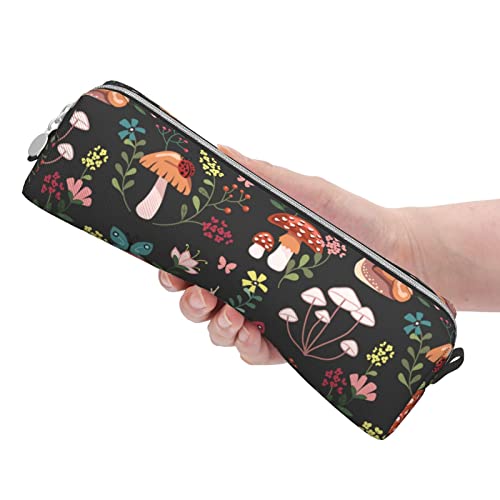 Image of Leather Pencil Case - Mushroom Snails Butterfly Flower Pattern, Stationery Bag Pen Organizer Makeup Cosmetic Holder Pouch for School Work Office College