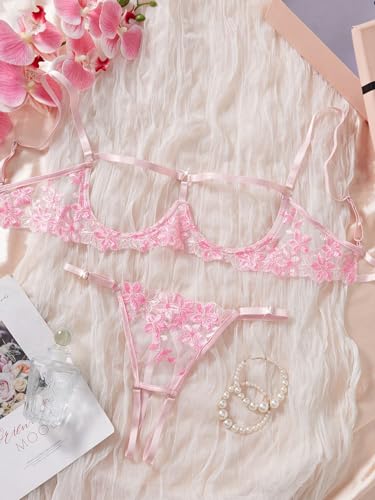 Image of Lilosy Women's Sexy Underwire Floral Lace Sheer Lingerie Set See Through Bra and Panty 2 Piece Flower Pink Small