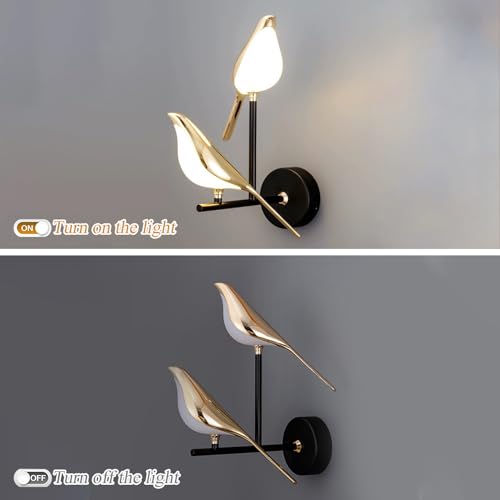 Image of Modern Birds Wall Lamp Gold Wall Sconces Creative Bird Shap Metal Lamp Body with Acrylic Lampshade with Adjustable Angle Bedside Night Light for Bedroom, Living Room, Kitchen (D11 * H14.9 inch (2 head))