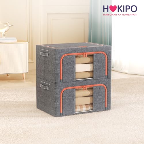 Image of HOKIPO 24L Small Folding Storage Box and Organiser for Clothes, Wardrobe Storage Box, Ash Grey Pack of 2 (AR-6672-AGRY*2)