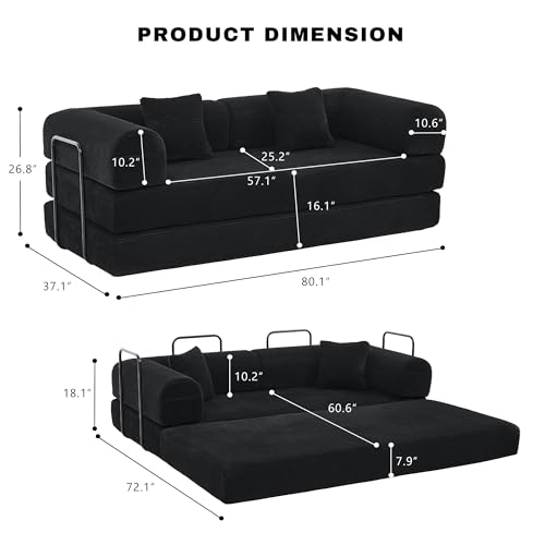 Image of 80 Inch Multi-Functional Convertible Sofa Bed, Fixed Shape Frame, High Density Foam with Corduroy, Easy Assembly, for Living Room and Bedroom. (Black)