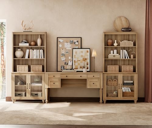 WAMPAT Home Office Furniture Set 56 Executive Desk with Charging Station 72 Tall Bookcase with 4 Glass Doors Wood Computer Desk with File Cabinet Storage Open Shelf Oak