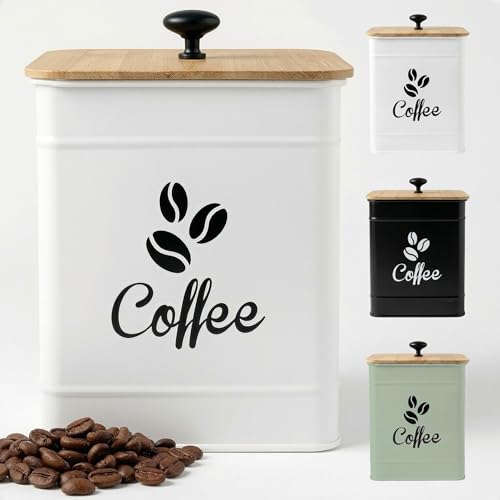 Airtight Coffee Canister 40 oz, 6"x 8" Metal Jar w/ Rubber-Lined Bamboo Lid