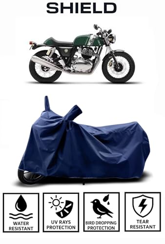 Image of Shield Heavy Duty Bike Cover for Royal Enfield Continantal 650 | All-Season, Tear-Proof Fabric | with Side Mirror Pocket & Buckle Belt | Royal Enfield Continantal 650 Bike Cover (Blue)