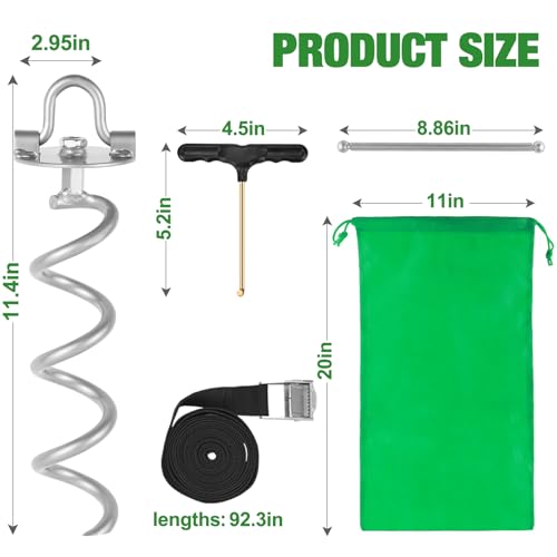 MIXXIDEA Gound Anchors Screw in, Metal Spiral Earth Anchors Kit, Heavy Duty Folding Ring Spiral Stake with Straps, Ground Stakes for Tent (Silver, 11.4 Inch with 92in Strap)