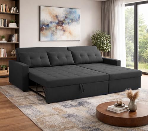 Image of Emilio 4 Seater RHS L - Shape Pull-Out Sofa Cum Bed Sofa for Living Room (Black Fabric Color) Premium Fabric Sofa Set for Living Room Sofa Cum Bed