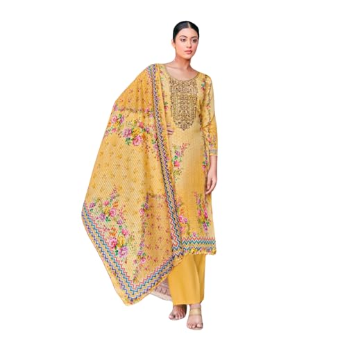 Suit en coton Zam moutarde brodé ensemble salwar kameez avec pantalon rayonne