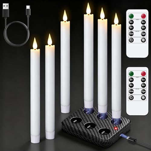 Image of GenSwin Rechargeable Flameless Taper Candles with Charging Base, 6 Pack White LED Taper Candles Battery Operated with 2 Remote Timer, Real Wax Flameless Candlesticks for Holiday Christmas Home Decor
