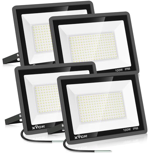 XYCN 4 Pack 100W LED Flood Light IP66 Waterproof Outside Flood Light 12500LM Super Bright Outdoor Security Lights 5000K Daylight White Floodlight for Yard Garden Playground Basketball Court Patio