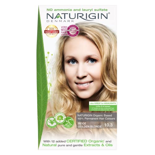 Naturigin Beige Golden Blonde Hair Dye 10.3 - Permanent Hair Color 100% Grey Coverage - Certified Organic Natural Ingredients, Deeply Nourishes the Hair - Ammonia Free, Vegan, Long Lasting Results