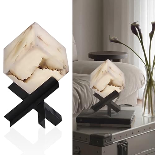WOSBO Alabaster Table Lamp, Modern Minimalist 4.7" Square Marble Table Lamp with Black Trident Metal, Mid Century Cube Stone Lamp for Bedroom Bedside Nightstand Living Room Art Deco Bauhaus Style