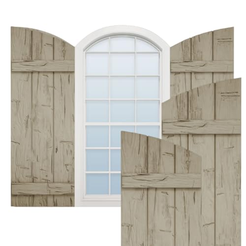 Ekena Millwork 11"W x 54"H (50 3/8" Low Side) Timberthane Hand Hewn Two Board Joined Board-n-Batten w/Elliptical Top Faux Wood Shutters (Per Pair), Primed Tan