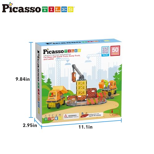 PicassoTiles Magnet Tile Construction Themed Building Blocks 5-in-1 Crane, Ladder, Dump Truck, Excavator, and Backhoe Action Figures, 2 Car Base Vehicles Magnetic Tiles Learning Toys Kids Ages3+ PTU06