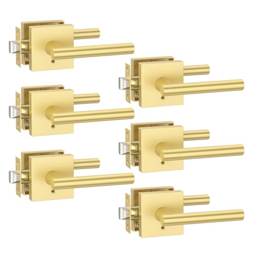 Amerdeco 6 Pack Brushed Gold Interior Privacy Door Handles, Heavy Duty Interior Bedroom Door Lever, Door Handles Interior for Bathroom AM0031