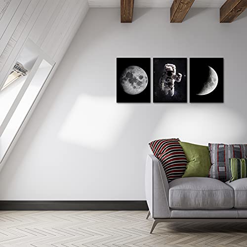 Cbaipy Space Wall Art Decor Black And White Astronaut And Planet Moon Scientific Detection Pictures 3 Pieces Giclee Print On Canvas For Living Room Bedroom Office Kids Room Ready To Hang (Spaceman, 12"X16"X3Pcs) #TOP3