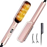 Hair Straightener Brush, Ring Sleek Sweep Ionic Hair Straightener Comb Straightening Brush for Women with 4 Temps,Anti-Scald Ceramic Hair Straightener Comb,20s Fast Heating & Dual Voltage, Rose Gold