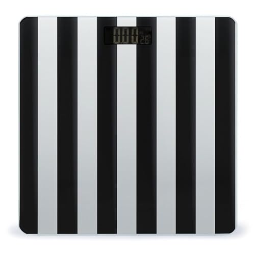 Báscula digital de baño blanca con rayas negras y pantalla LCD miniatura 1