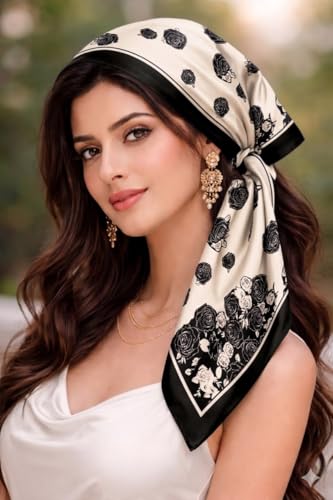 Image of Silk Like Head Scarf for Women Stylish Bandanas for Women Vintage Hair Scarf Wrap and Sleeping, Boho Floral Print Square Bandana Gift
