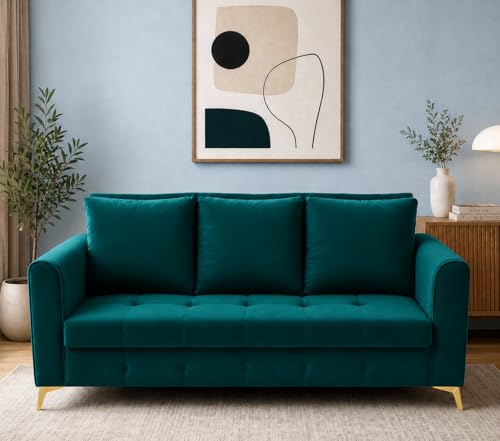 Image of Adorn India Premium Mystic - 3 Years Warranty - 3 Seater Sofa Cum Bed Velvet Suede Fabric - Ocean Blue