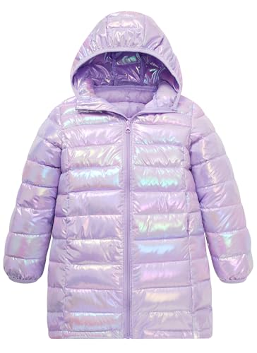 ALISISTER Abrigo de Invierno para Niña Chaqueta Acolchada Brillante Metálica Violeta Multicolor Cálida con Bolsillos 9-10 Años