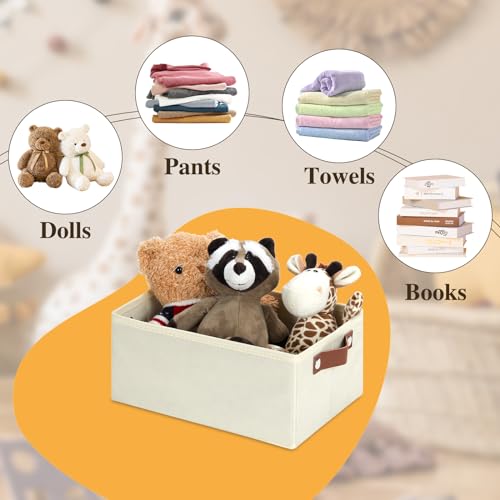 Image of DULLEMELO Storage Bin, Fabric Storage Bin with PU Handles, Decorative Storage Basket and Organizer Bins, Collapsible Storage Bins for Toy Storage, Clothes Organizer (Light Beige,11.8L*7.9W*5.1H)
