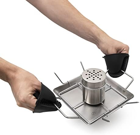 NANOTELLO Beer Can Chicken Holder - Stainless Steel Chicken Roaster Stand - Indoor and Outdoor, 4 Vegetable Spikes, Reusable - Complete with Silicone Mitts