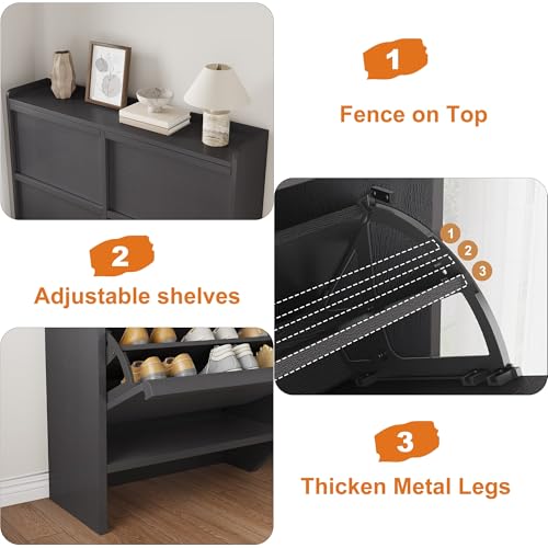 GarveeHome Shoe Cabinet with 4 Flip Drawers, Wooden Shoe Organizer Cabinet with Adjustable Shelf, Shoe Storage for Entryway, Hidden Shoe Cabinet for Hallway, Living Room, Black