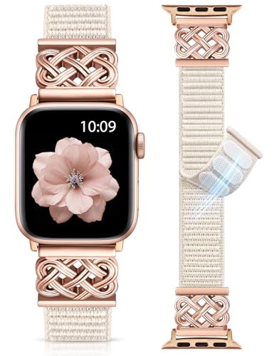 Minyee Nylon Loop Band Compatible with Apple Watch Bands 42/44/45/46/49mm Women Men, Celtic Knot Adjustable Breathable Braided Straps for iWatch Series 11 10 9 8 7 6 5 4 SE/Ultra 3 2 1, Rose Gold