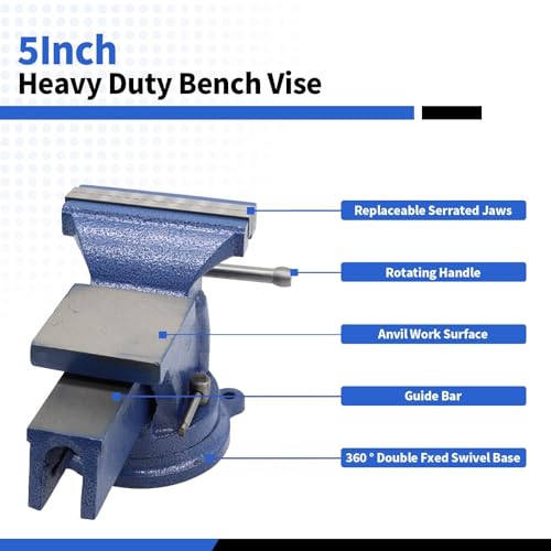 Nakkaa 5" Bench Vise Ductile Cast Iron Bench Vise with 360° Flexible Swivel Locking Base Heavy Duty Home Work 5 Inch Bench Vice - Image 2