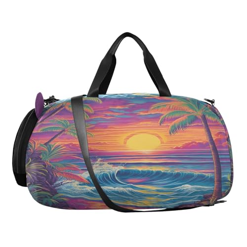 Tree Ocean Wave Pink Kids Travel Duffel Bag for Boys Girls Overnight Weekend Tote Bag with Shoes Compartment for Sleepover Trip Beach2