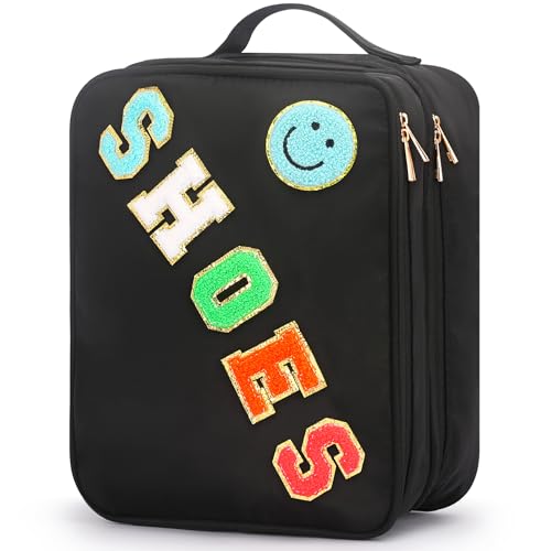 BAGWORLD Travel Shoe Bag Water Resistant Cute Shoe Pouch Holds 3 Pair of Shoes Organizer with Sewn Letter Patches