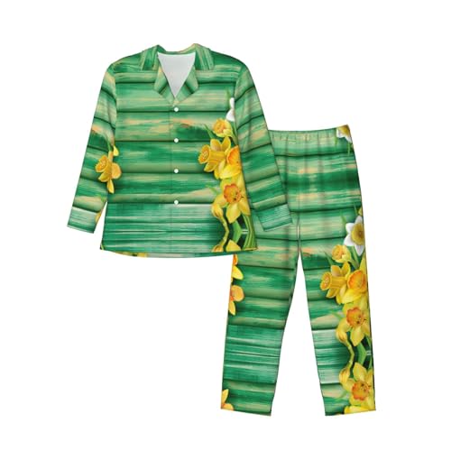 Pyjama jaune homme en coton doux imprimé jonquilles ensemble de nuit à boutons