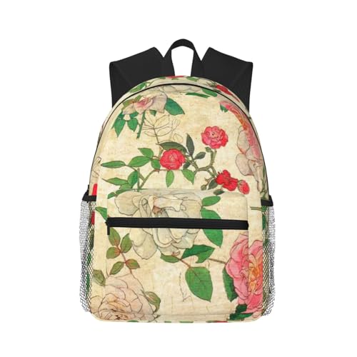 NUYFVG Mochila informal cómoda de rayas amarillas y azules para uso diario, versátil para el trabajo, la universidad, senderismo, viajes al aire libre, Peonías rosas y blancas, Talla única