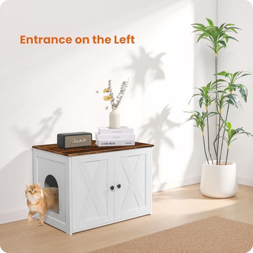 Dwanton Litter Box Enclosure, Cat Litter Box Furniture Hidden, Reversible Entrance Can Be on Left or Right Side, Wooden Cat Washroom Indoor, White and Rustic Brown, 27.6 Inches