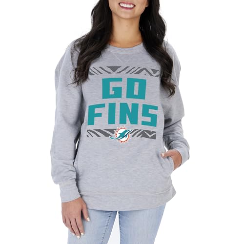 Zubaz NFL Womens Team Slogan Heather Grey, Oversized, Crewneck Sweatshirt, Miami Dolphins, Small