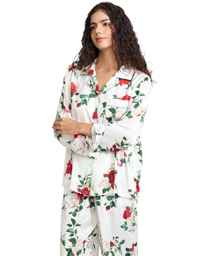 Image of YiNi LuLu Womens Silk Satin Pajamas Set Button Down 2 Piece Pjs Long Sleeve Oversized Sleepwear with Pockets
