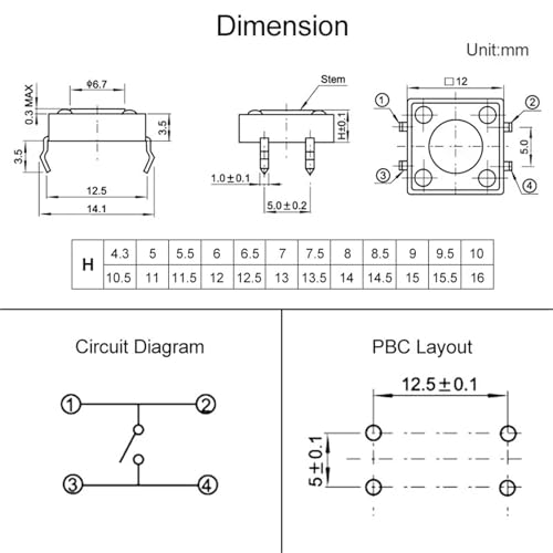 Interruptor táctil 12V CC momentáneo micro pulsador de 12x12x5mm 6