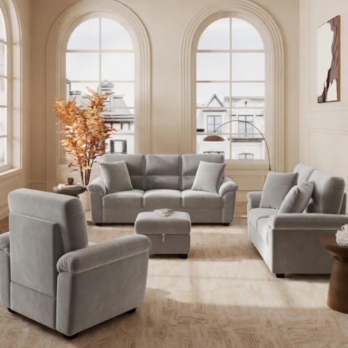 Image of Anderson 6 Seater Fabric Sofa Set (3+2+1) with Storage Ottoman Light Grey, Premium Velvet Finish Upholstery, Solid Wood Frame, High Density Foam Cushions, Modern Living Room Furniture