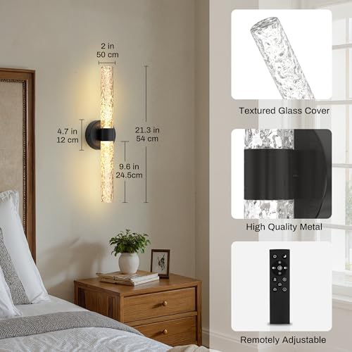 Image of DORESshop Battery Operated Wall Sconces Set of 2, 10000mAh Rechargeable Wall Sconce with Stone Pattern Acrylic, Dimmable Wireless Wall Sconce, Sconce Wall Decor for Living Room, Bedroom, Black 21.4in