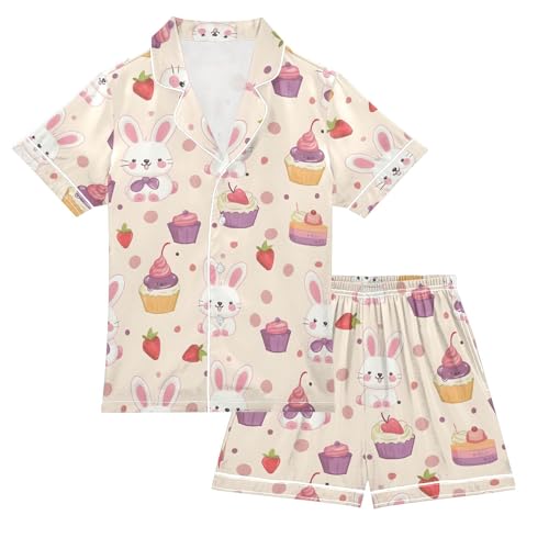 ALAZA Rabbit Bunny Strawberry Cake Pajamas Satin Pajama Set Short Sleeve Button Down Sleepwear