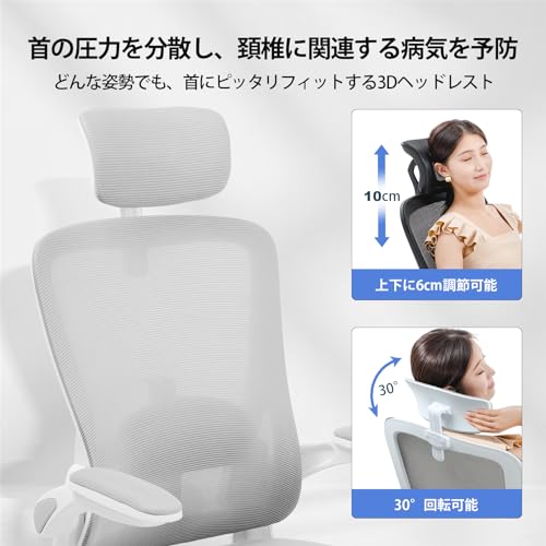 ComHoma デスクチェア オフィスチェア 椅子 テレワーク疲れない 小型ゲーミングチェア メッシュ 人間工学 ランバーサポート【3段階昇降  腰ラク】跳ね上げ式アームレスト 在宅ワーク 在宅勤務 3Dヘッドレスト 非再生ウレタン採用  CH114-Gray [4]